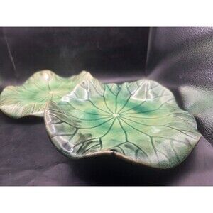 Vintage Arhaus Hand Crafted Green Lily Pad Footed Decorative Plate Set of 2